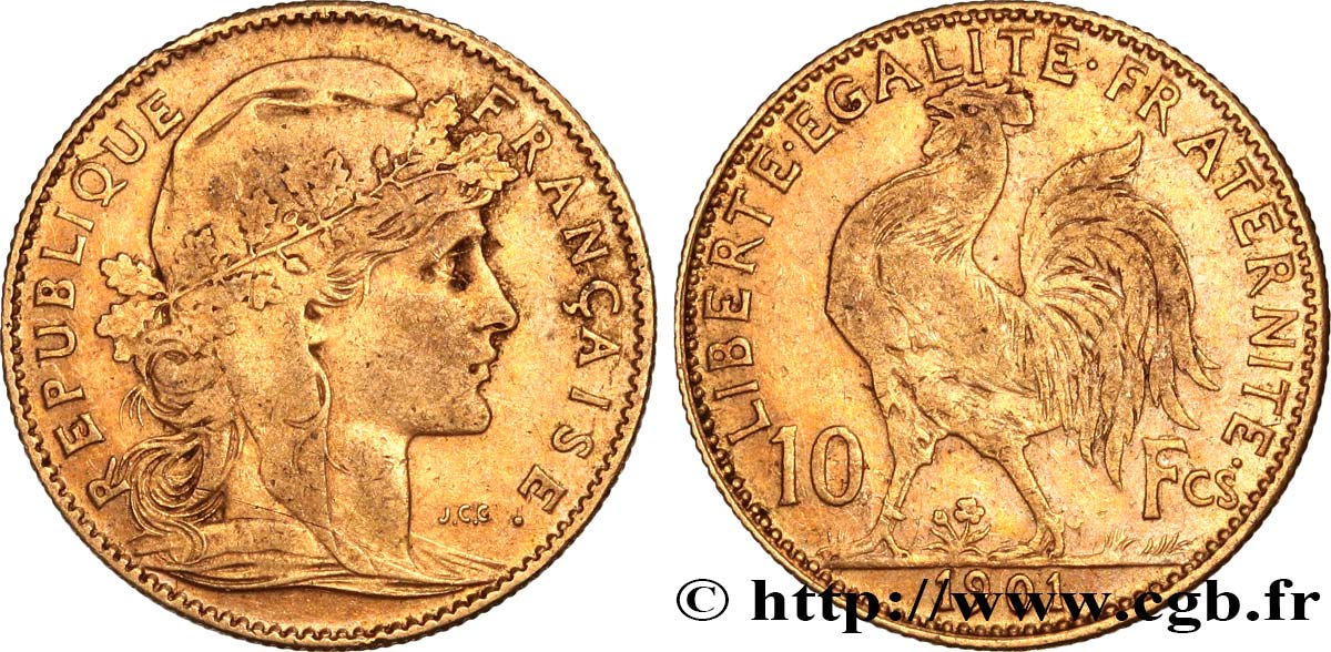 10 francs or Coq 1901 Paris F.509/5 XF 