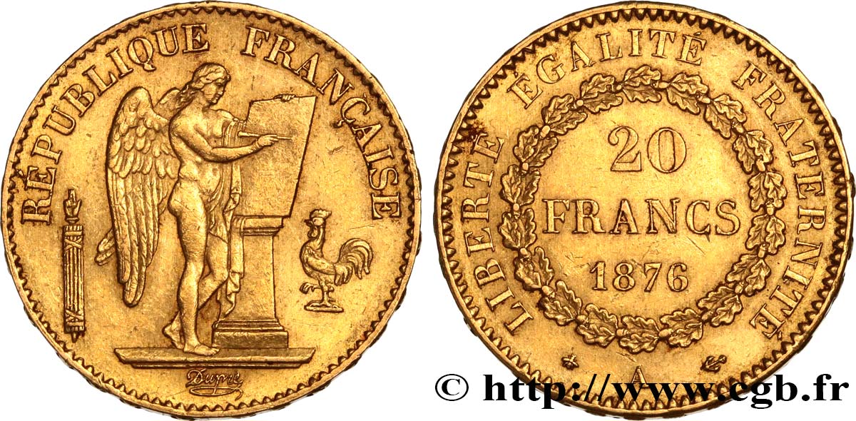 20 francs or Génie, IIIe République 1876 Paris F.533/4 AU53 