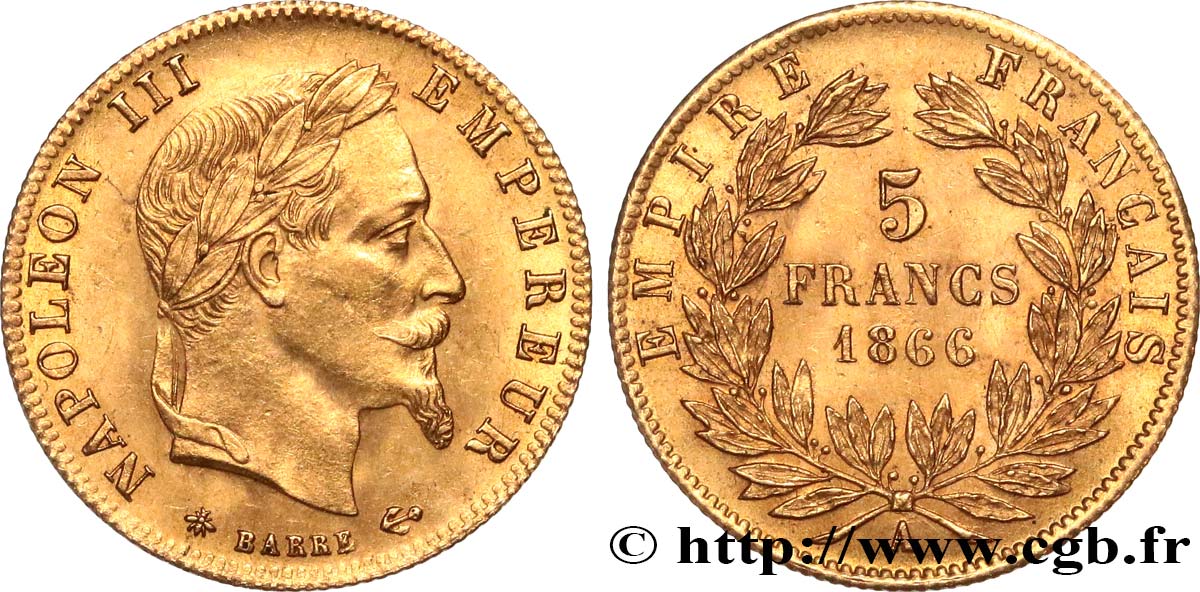 5 francs or Napoléon III, tête laurée 1866 Paris F.502/9 EBC58 