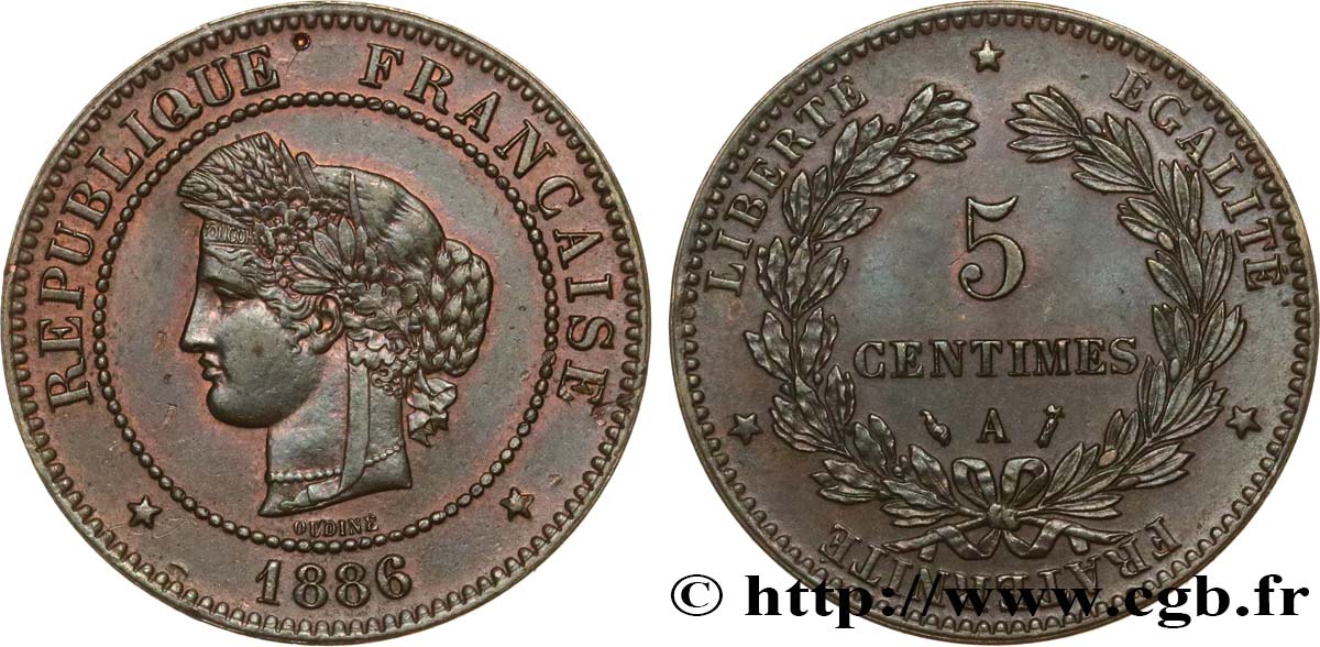5 centimes Cérès 1886 Paris F.118/28 SPL55 