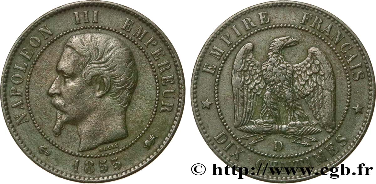 Dix centimes Napoléon III, tête nue 1855 Lyon F.133/26 XF40 