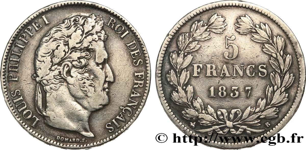 5 francs IIe type Domard 1837 Rouen F.324/62 TB+ 