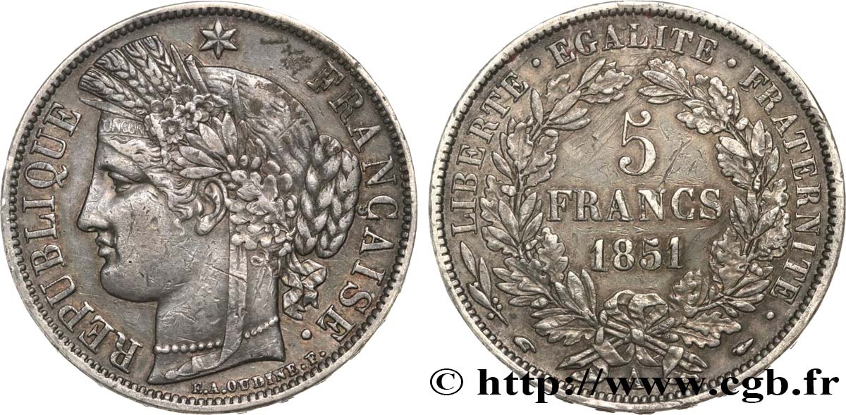 5 francs Cérès, IIe République 1851 Paris F.327/7 TTB 