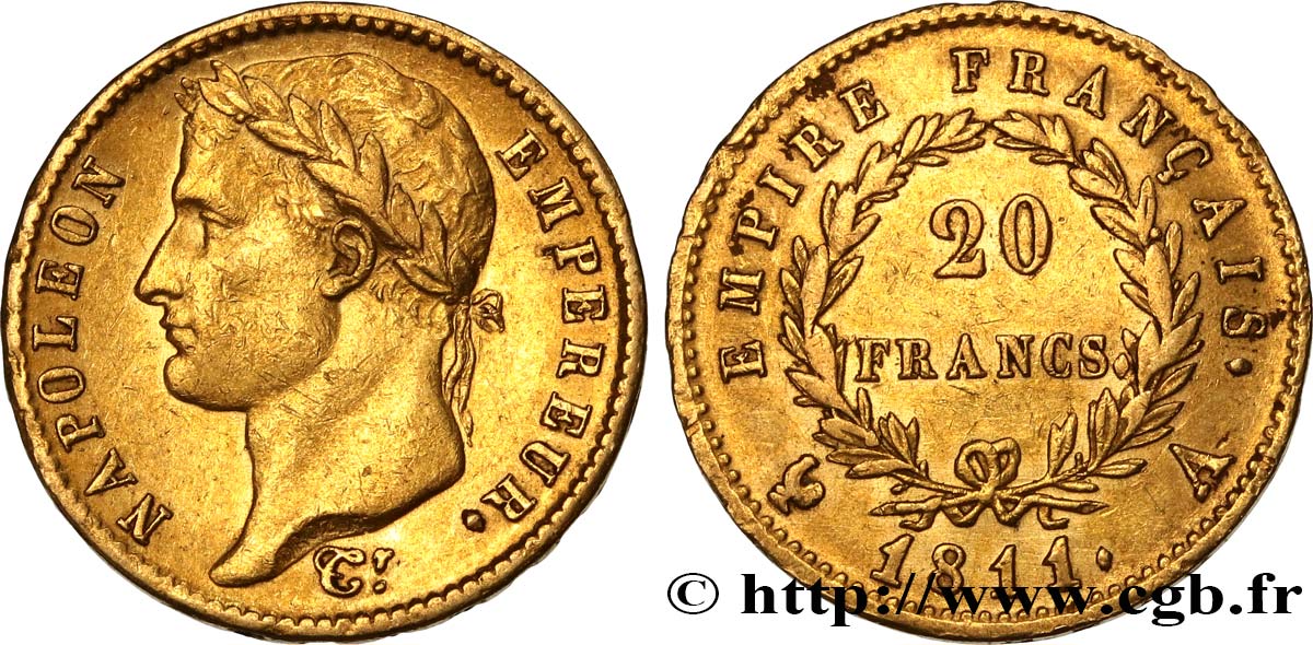 20 francs or Napoléon, tête laurée, Empire français 1811 Paris F.516/16 XF45 
