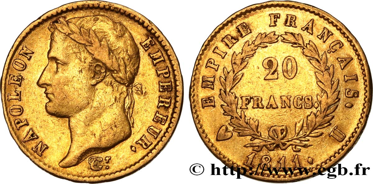20 francs or Napoléon tête laurée, Empire français 1811 Turin F.516/20 VF30 