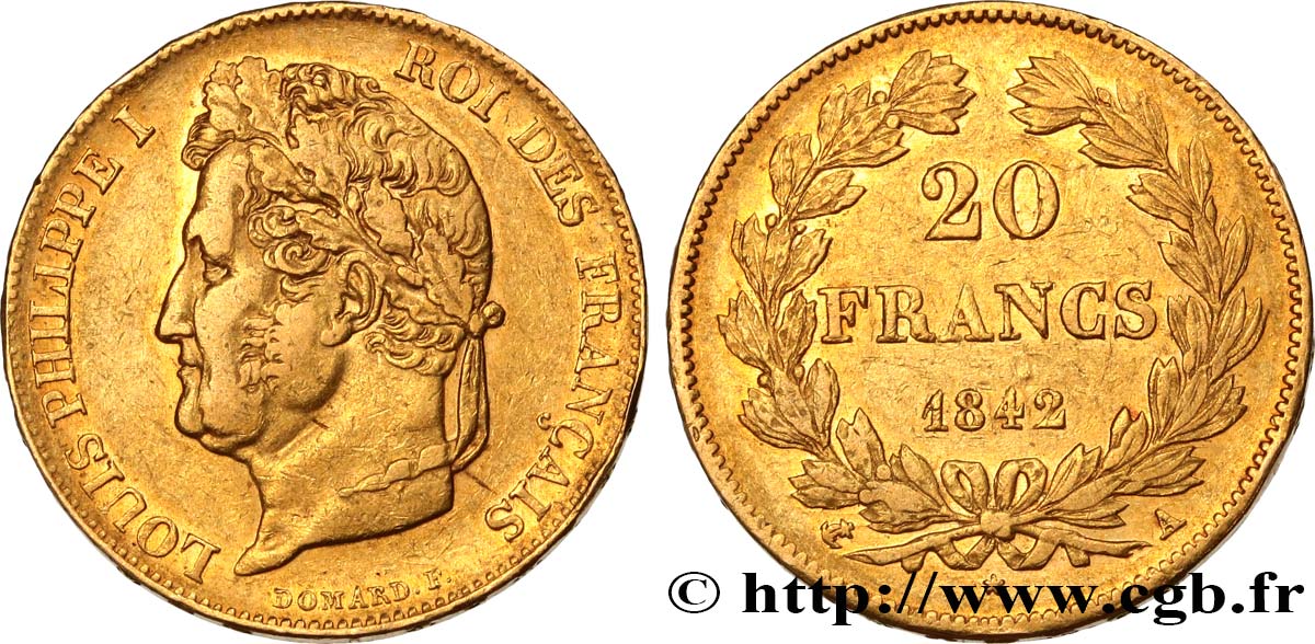 20 francs or Louis-Philippe, Domard 1842 Paris F.527/27 SS40 