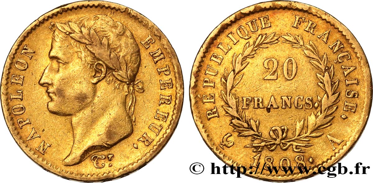 20 francs or Napoléon tête laurée, République française 1808 Paris F.515/2 XF40 