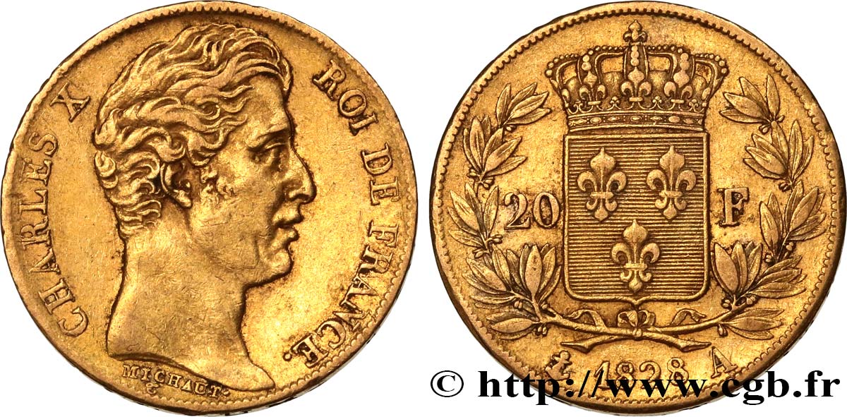 20 francs or Charles X, matrice du revers à cinq feuilles 1828 Paris F.521/2 XF45 