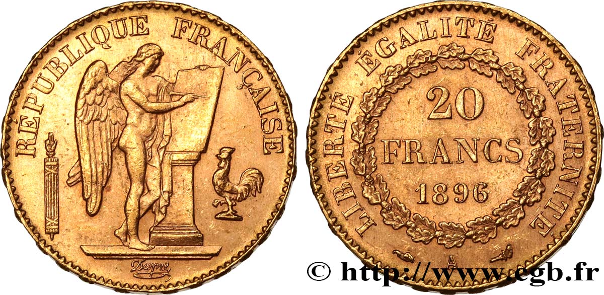 20 francs or Génie, Troisième République, différent torche 1896 Paris F.533/21 VZ62 