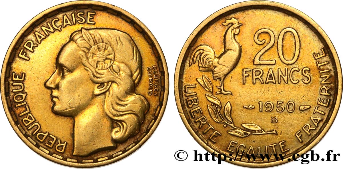 20 francs Georges Guiraud, 4 faucilles 1950 Beaumont-Le-Roger F.401/3 XF 