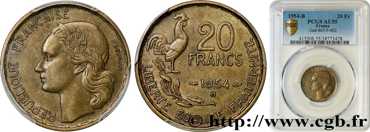 20 francs G. Guiraud 1954 Beaumont-Le-Roger F.402/13 AU55 PCGS