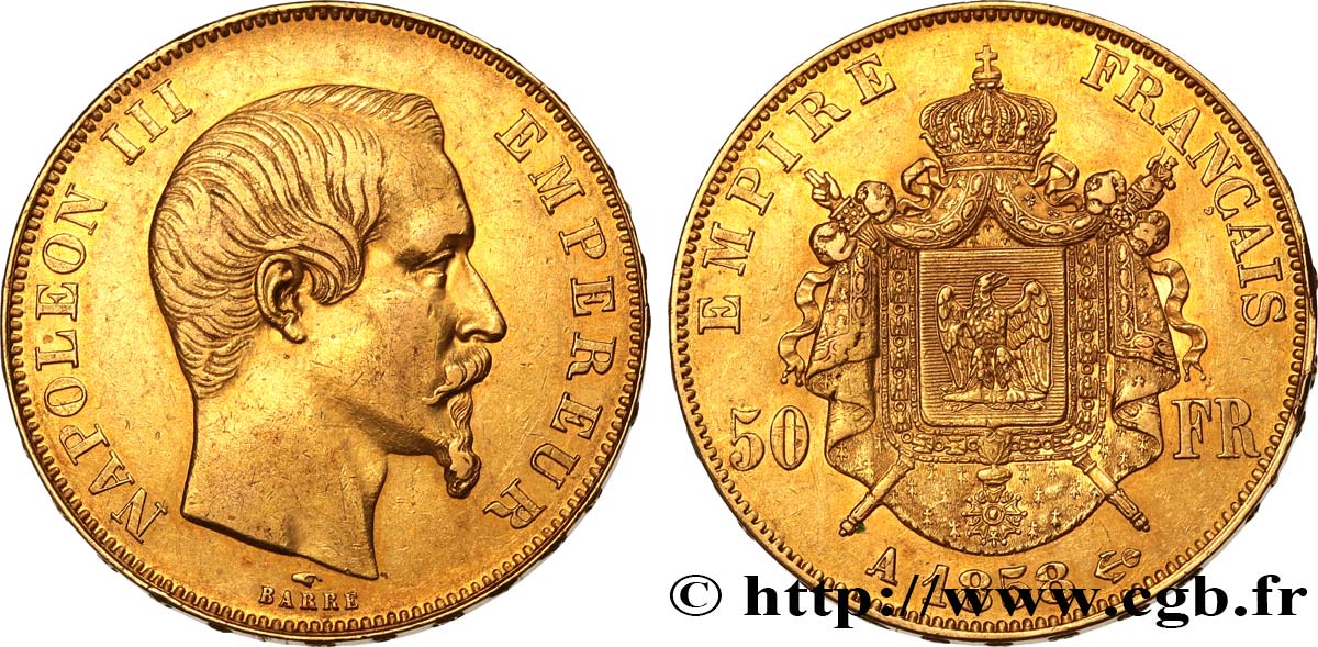 50 francs or Napoléon III, tête nue 1858 Paris F.547/5 AU50 