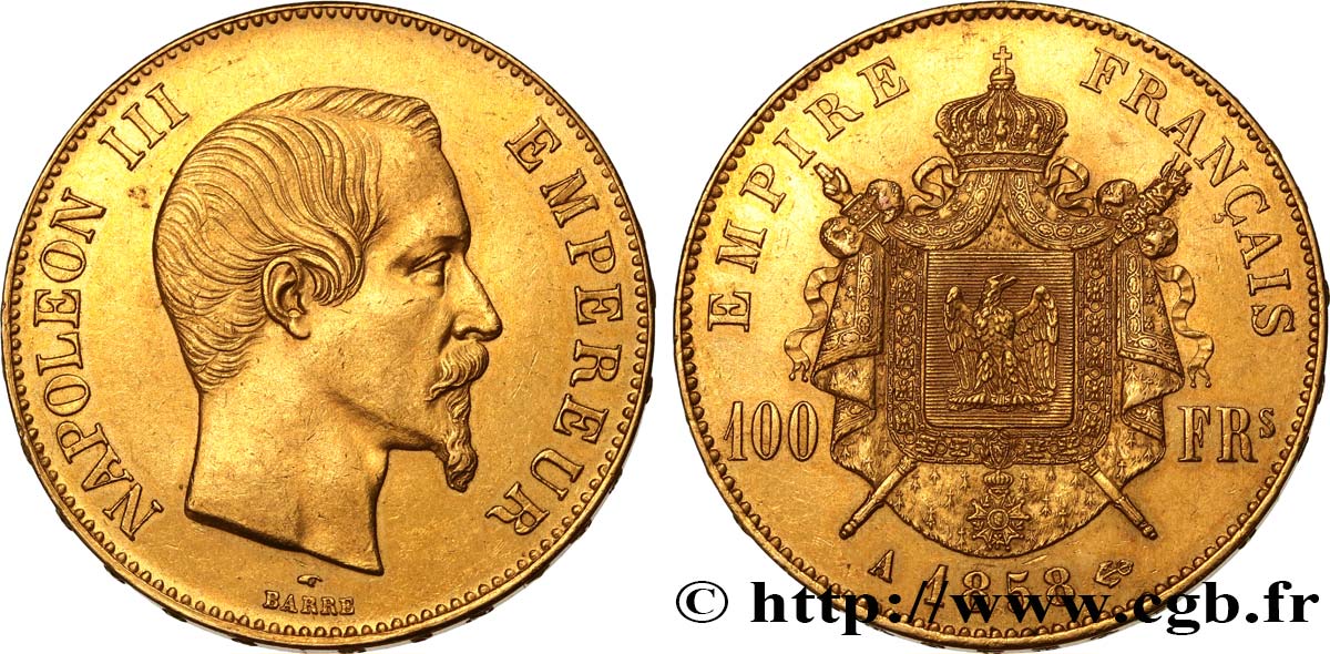 100 francs or Napoléon III, tête nue 1858 Paris F.550/5 EBC58 