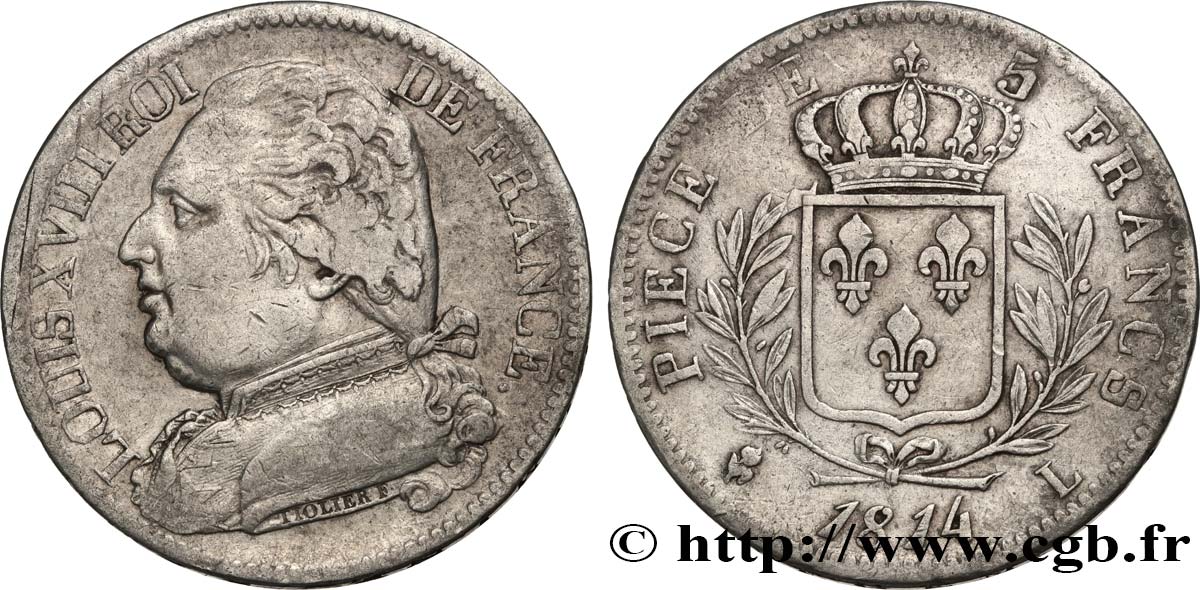 5 francs Louis XVIII, buste habillé 1814 Bayonne F.308/8 TB 