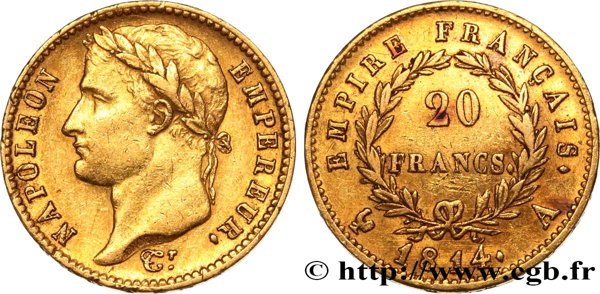 20 francs or Napoléon tête laurée, Empire français 1814 Paris F.516/39 TTB40 
