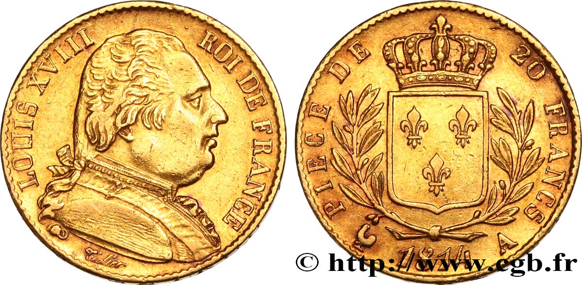 20 francs or Louis XVIII, buste habillé 1814 Paris F.517/2 BB50 