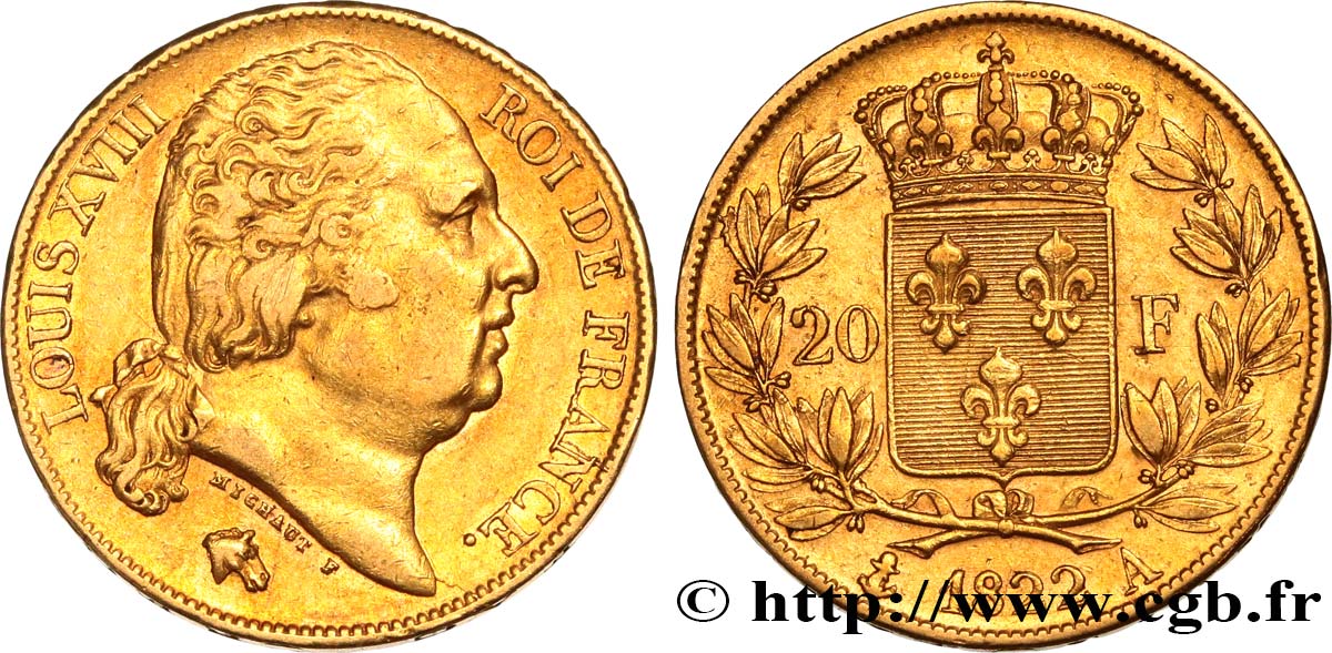 20 francs or Louis XVIII, tête nue 1822 Paris F.519/26 AU50 
