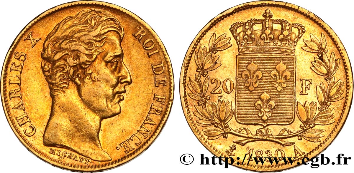 20 francs or Charles X, matrice du revers à cinq feuilles 1830 Paris F.521/6 MBC50 