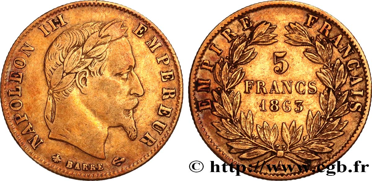 5 francs or Napoléon III, tête laurée 1863 Paris F.502/3 VF25 