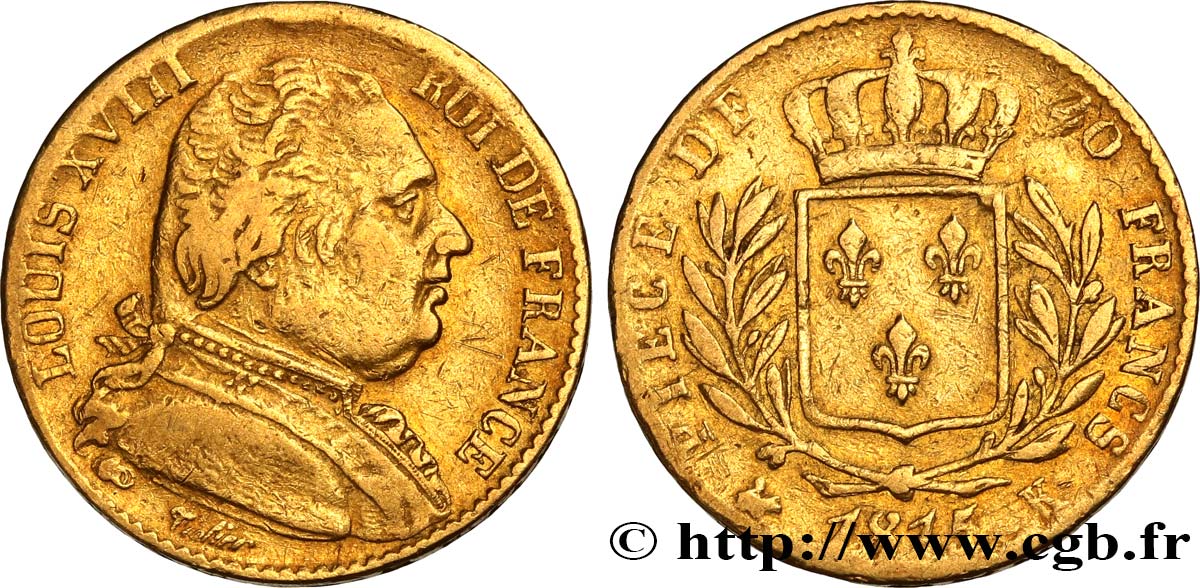 20 francs or Louis XVIII, buste habillé   1815 Bordeaux F.517/13 VF25 