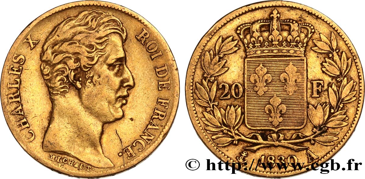 20 francs or Charles X, matrice du revers à cinq feuilles 1830 Paris F.521/6 TB30 