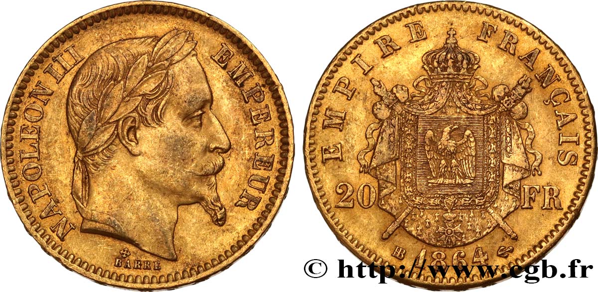 20 francs or Napoléon III, tête laurée 1864 Strasbourg F.532/9 XF40 