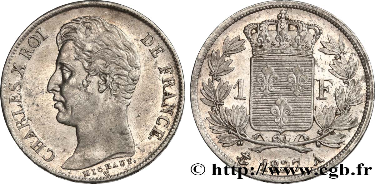 1 franc Charles X, matrice du revers à cinq feuilles 1827 Paris F.207/25 MBC+ 