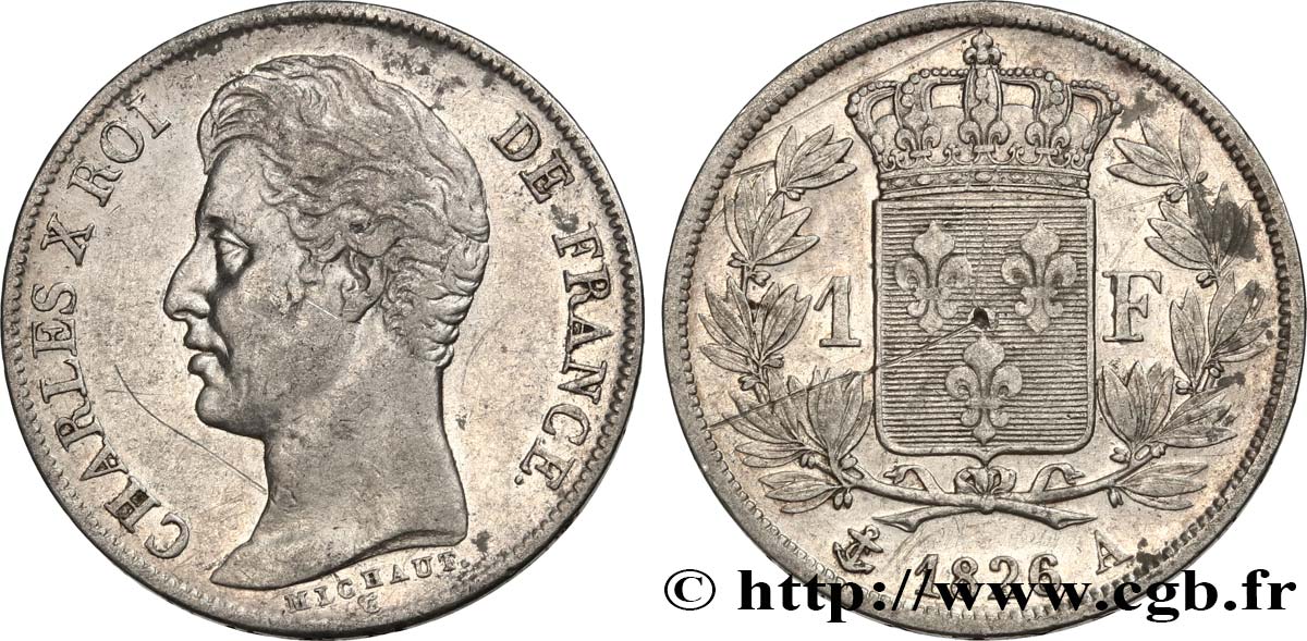 1 franc Charles X, matrice du revers à cinq feuilles 1826 Paris F.207/13 MBC 
