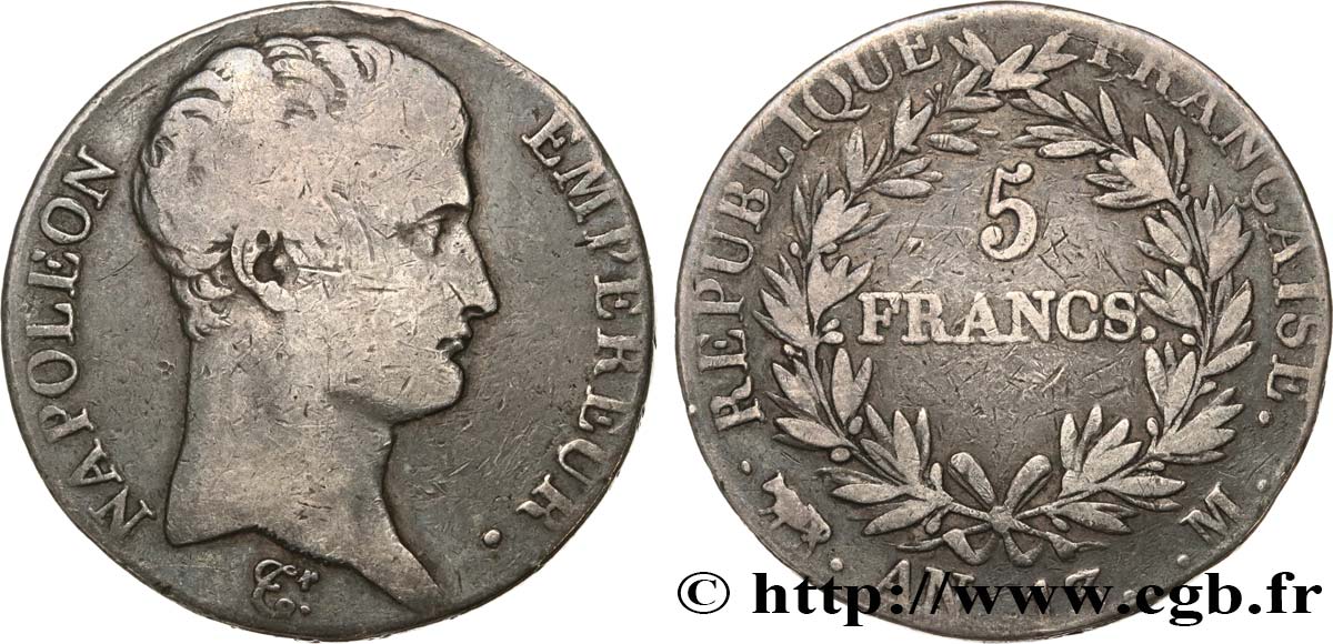 5 francs Napoléon Empereur, Calendrier révolutionnaire, tranche fautée 1805 Toulouse F.303/13 BC20 