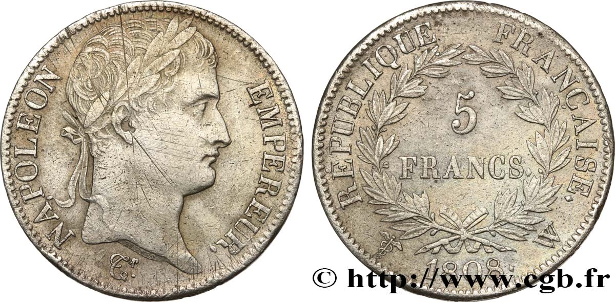 5 francs Napoléon Empereur, République française 1808 Lille F.306/15 SS 