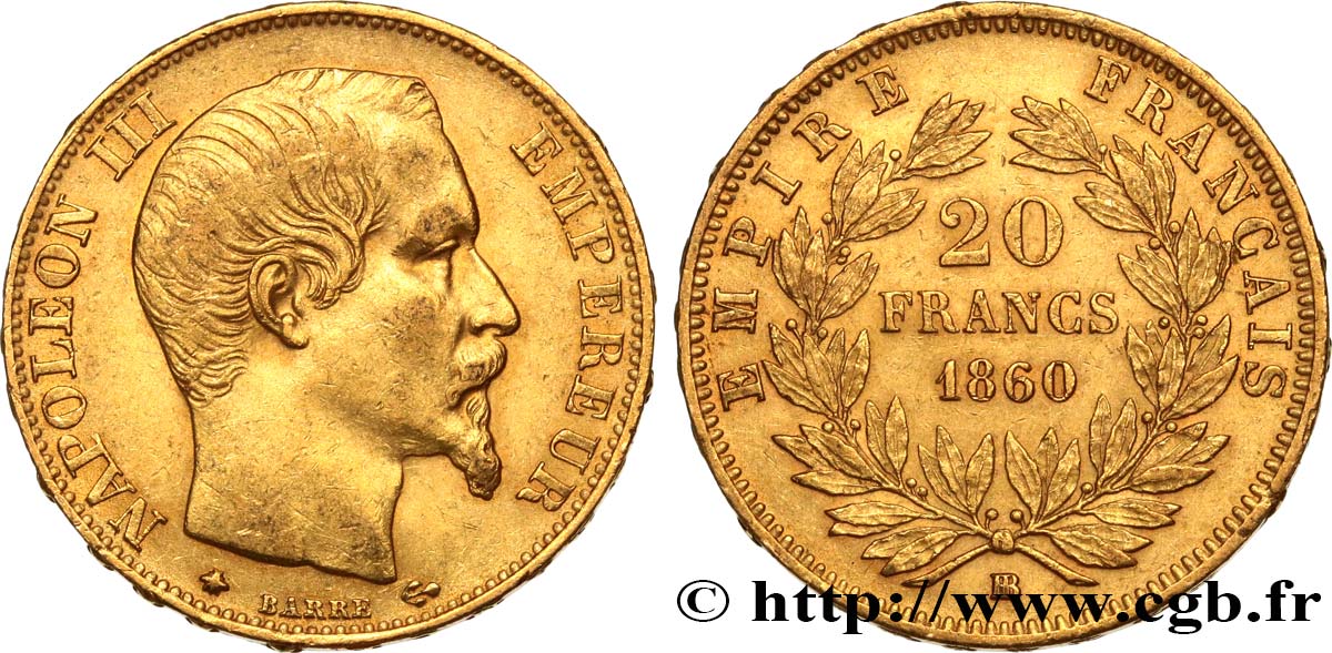 20 francs or Napoléon III, tête nue 1860 Strasbourg F.531/20 TTB53 