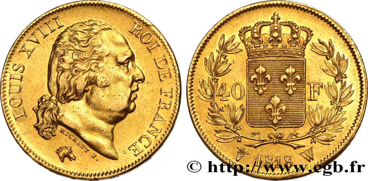 40 francs or Louis XVIII 1818 Lille F.542/8 AU58 