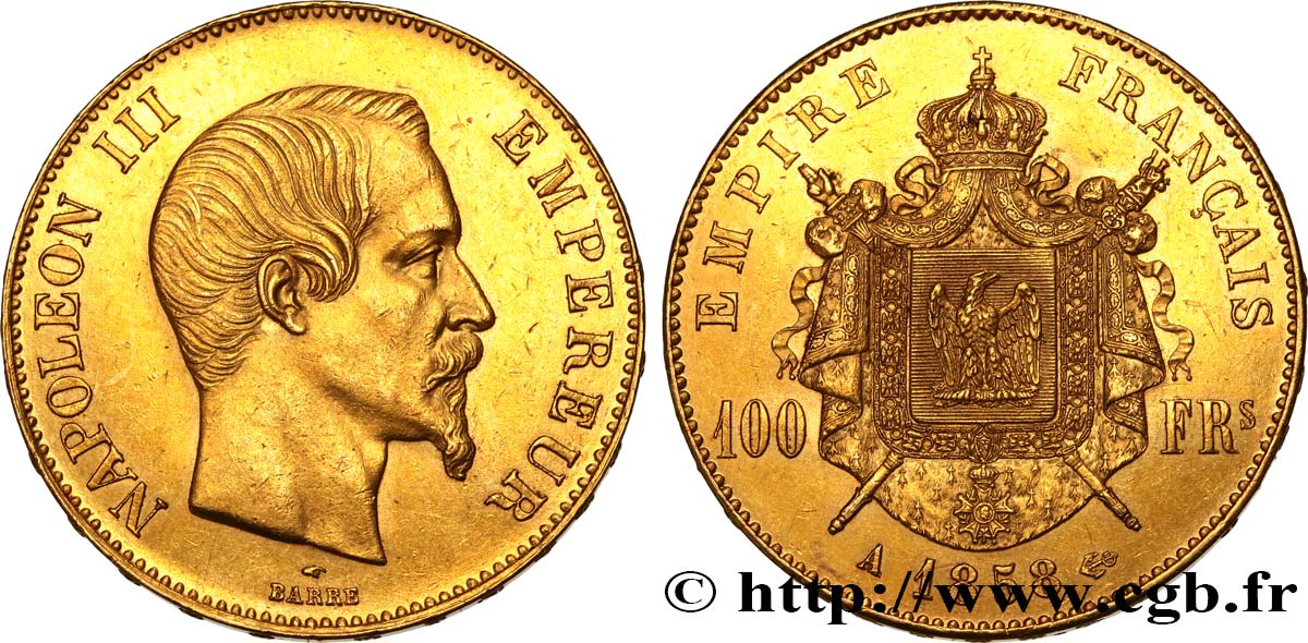 100 francs or Napoléon III, tête nue 1858 Paris F.550/5 AU58 