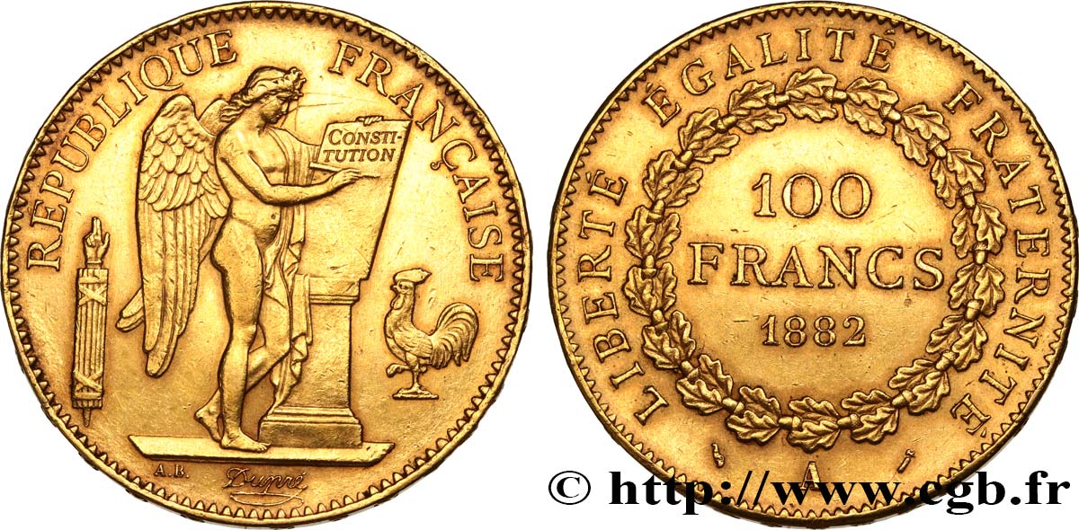 100 francs or Génie, tranche inscrite en relief Dieu protège la France 1882 Paris F.552/5 SPL 