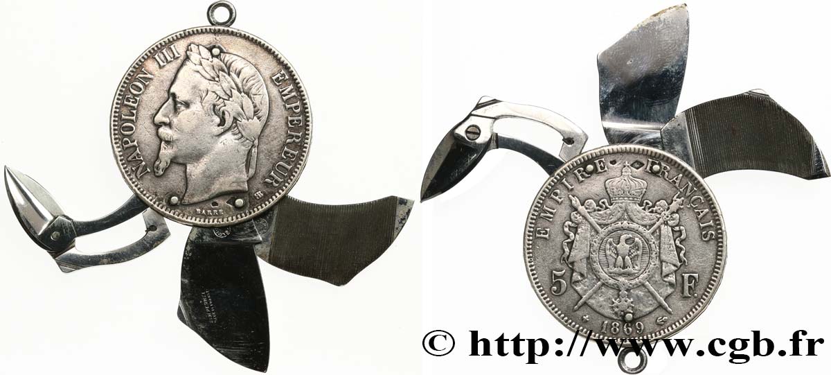 5 francs Napoléon III, tête laurée, transformé en porte-clé avec lime à ongle, couteau et paire de ciseaux 1869 Strasbourg F.331/15 VF 