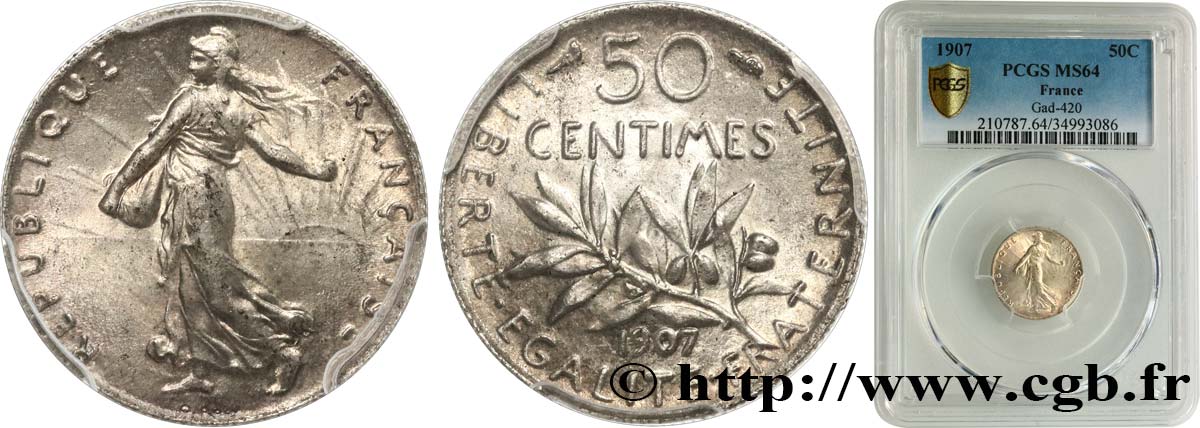 50 centimes Semeuse 1907 Paris F.190/14 SC64 PCGS