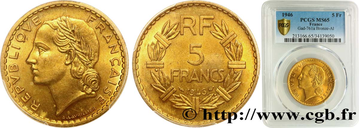 5 francs Lavrillier, bronze-aluminium 1946  F.337/7 MS65 PCGS