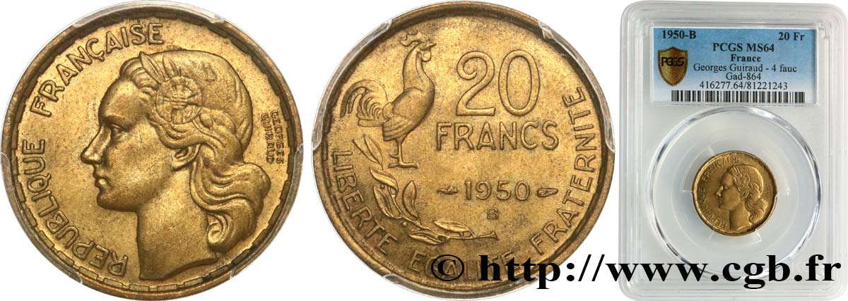 20 francs Georges Guiraud, 4 faucilles 1950 Beaumont-Le-Roger F.401/3 SPL64 PCGS