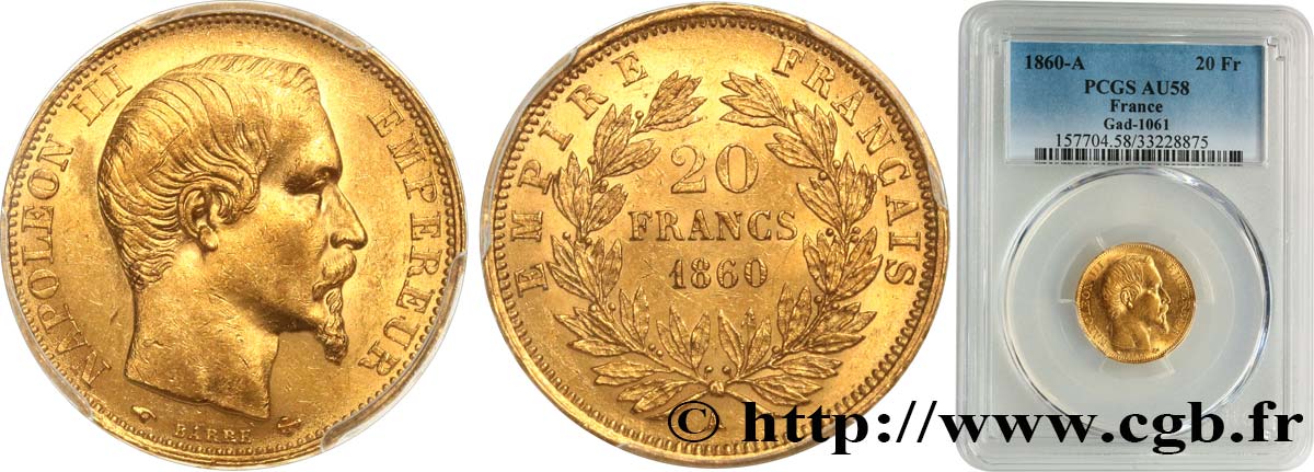 20 francs or Napoléon III, tête nue 1860 Paris F.531/18 AU58 PCGS