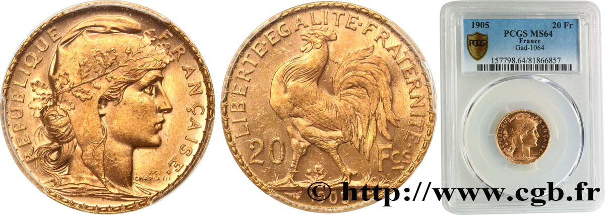 20 francs or Coq, Dieu protège la France 1905 Paris F.534/10 fST64 PCGS