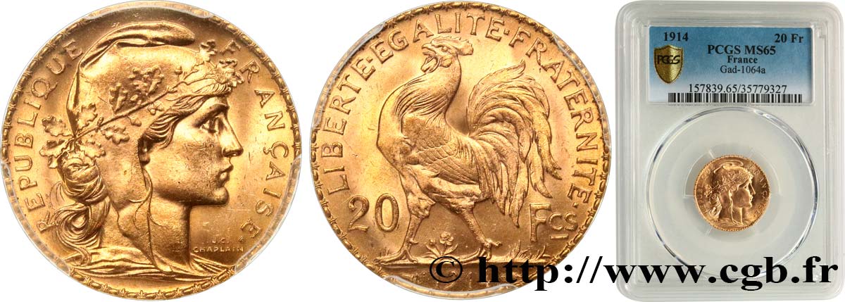 20 francs or Coq, Liberté Égalité Fraternité 1914 Paris F.535/8 ST65 PCGS