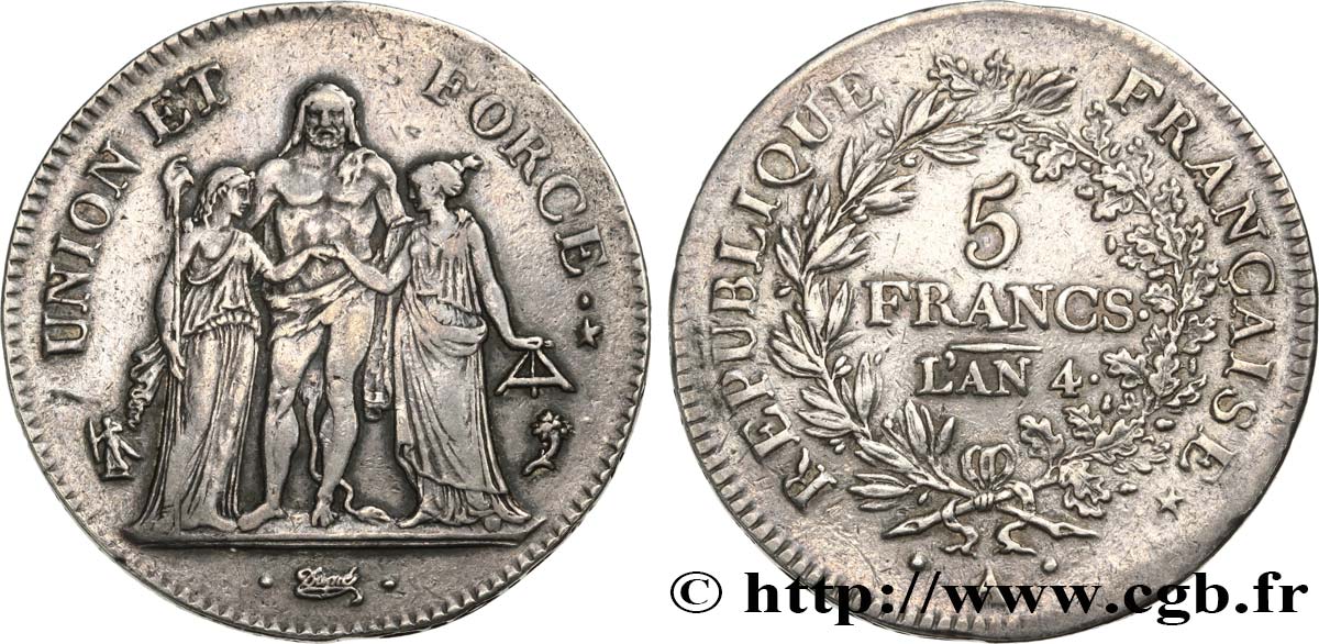 5 francs Union et Force, Union serré, avec glands intérieurs et gland extérieur 1796 Paris F.288/2 TTB+ 