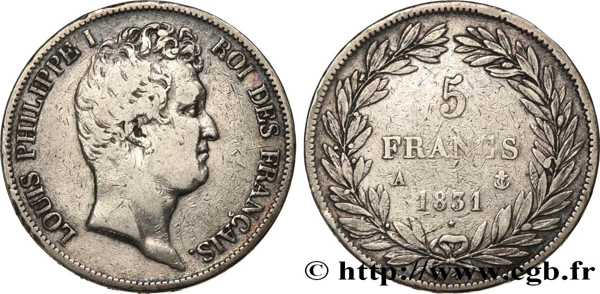 5 francs type Tiolier avec le I, tranche en creux 1831 Paris F.315/14 S 