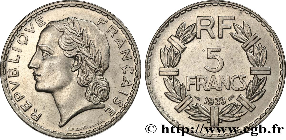 5 francs Lavrillier, nickel 1933  F.336/2 SPL64 