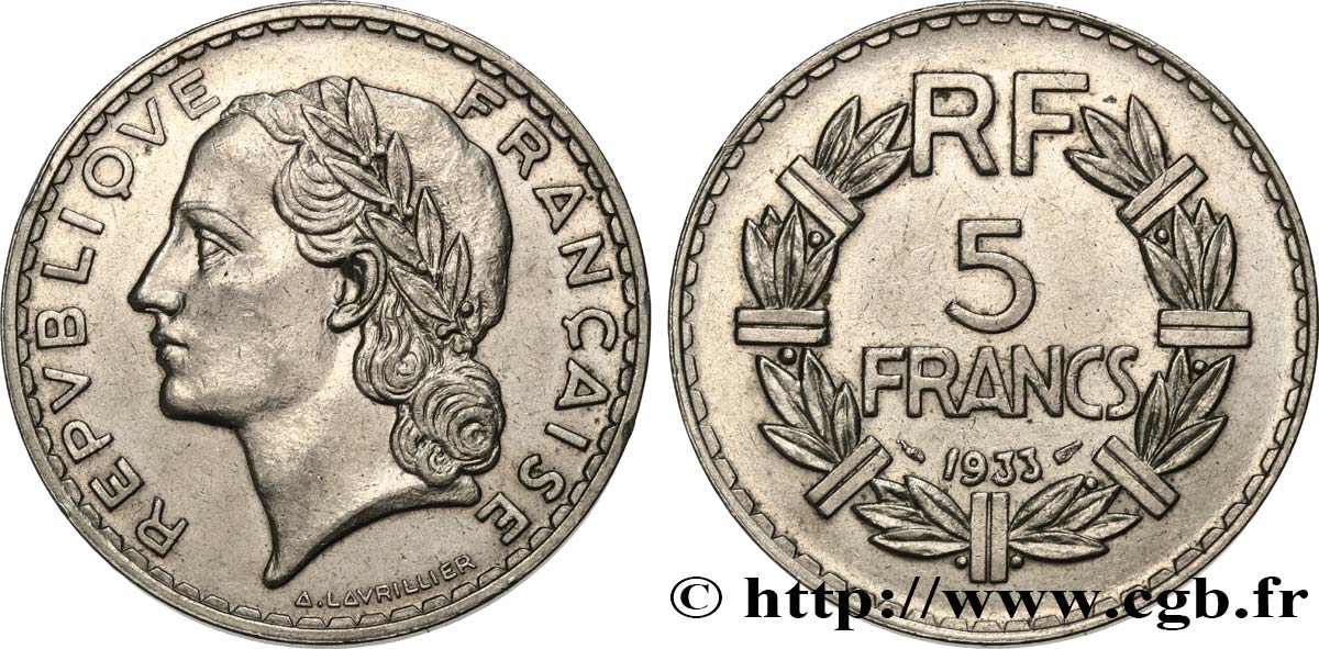 5 francs Lavrillier, nickel 1933  F.336/2 EBC58 