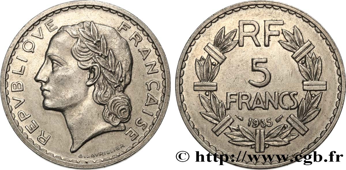 5 francs Lavrillier, nickel 1935  F.336/4 AU53 