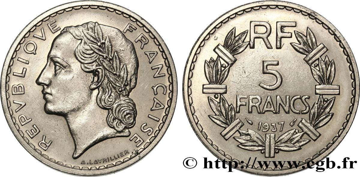 5 francs Lavrillier, nickel 1937  F.336/6 EBC 
