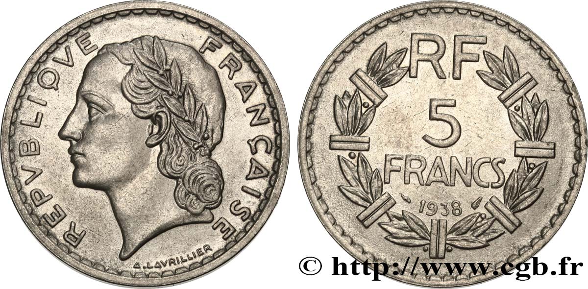 5 francs Lavrillier, nickel 1938  F.336/7 VZ62 