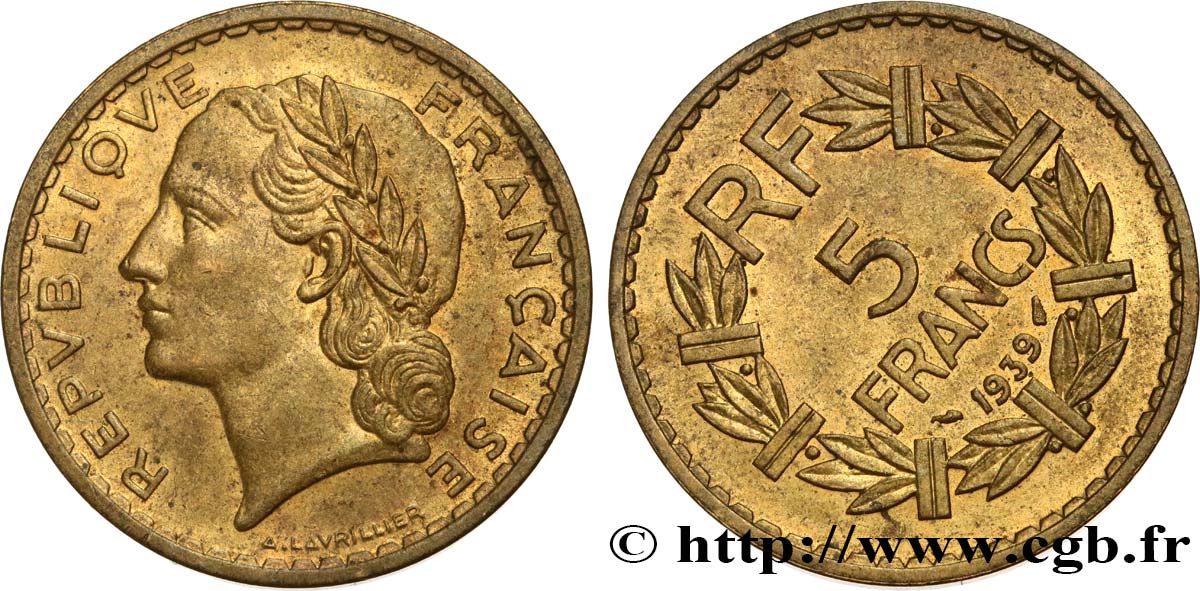 5 francs Lavrillier, bronze-aluminium, Fauté coins tournés 1939  F.337/3 MS60 