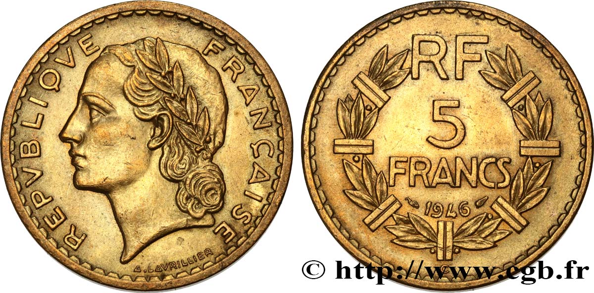 5 francs Lavrillier, bronze-aluminium 1946 Castelsarrasin F.337/8 EBC58 